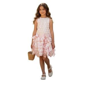 Isobella and Chloe Girls Pink Dotted Multi Ruffle Empire Waist Dress Sze 8 NWT